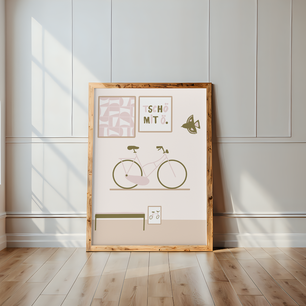 Poster DINA5 handgezeichnet von Lief Store mit Fahrradmotiv in pastell und erdtönen in einem Holzrahmen der auf einem Boden steht