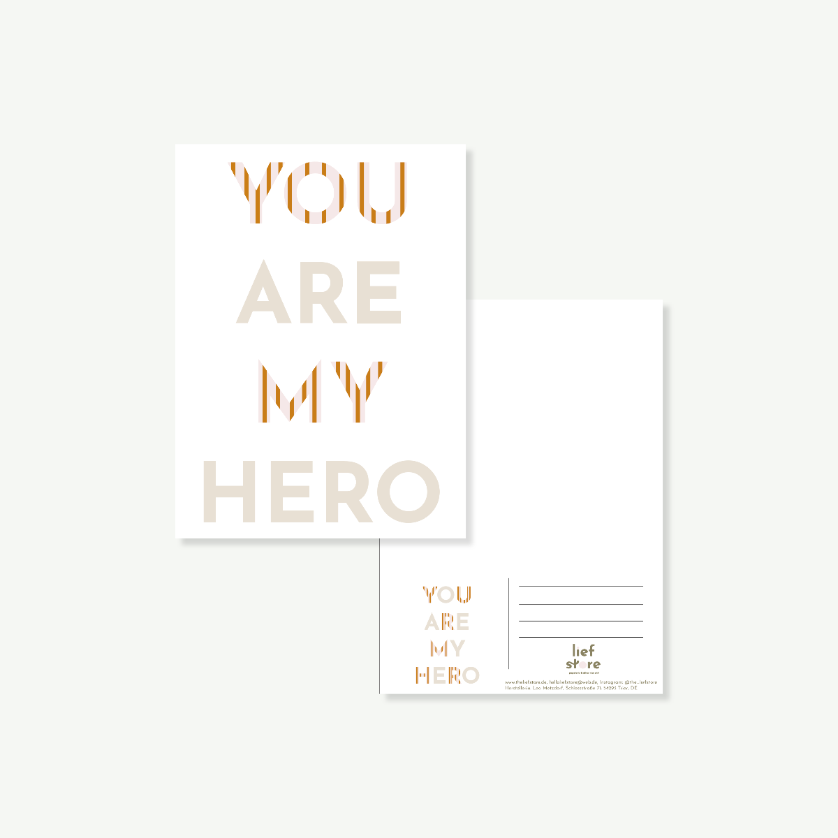 Postkatrte You are my hero, Vorderansicht und Rueckansicht der Karte