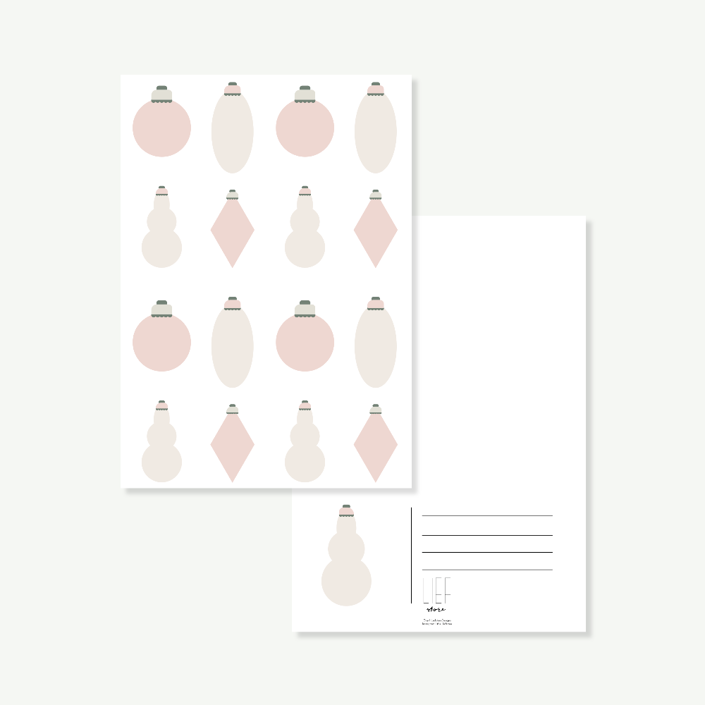 Weihnachtskarte von vorne und hinten. Motiv: Weihnachtskugeln im geometrischem, modernen Stil.