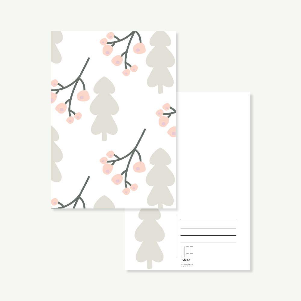 Vorder und Rückseite. Rückseite mit Tannenbaummotiv und Linien für Postanschrift.