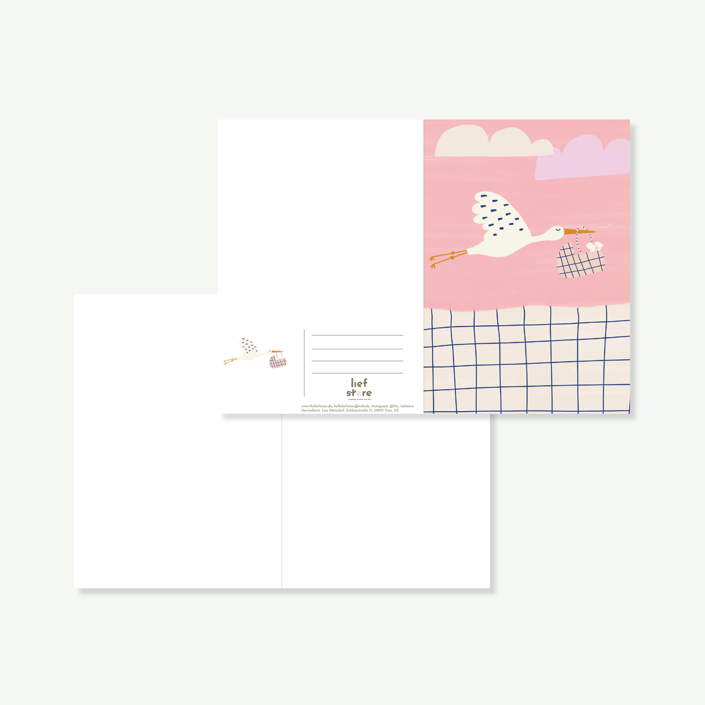 Klappkarte zur Geburt mit weißer Innenseite für ausreichend Platz. Motiv mit einem Storch.