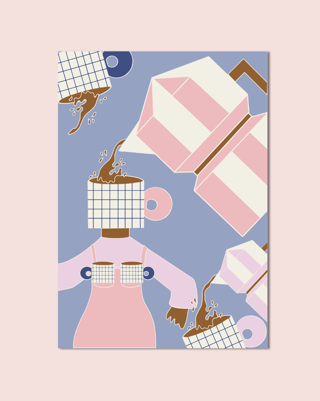 Knallige Illustration mit Tassen und Kaffeemotiv auf blauem Hintergrund.