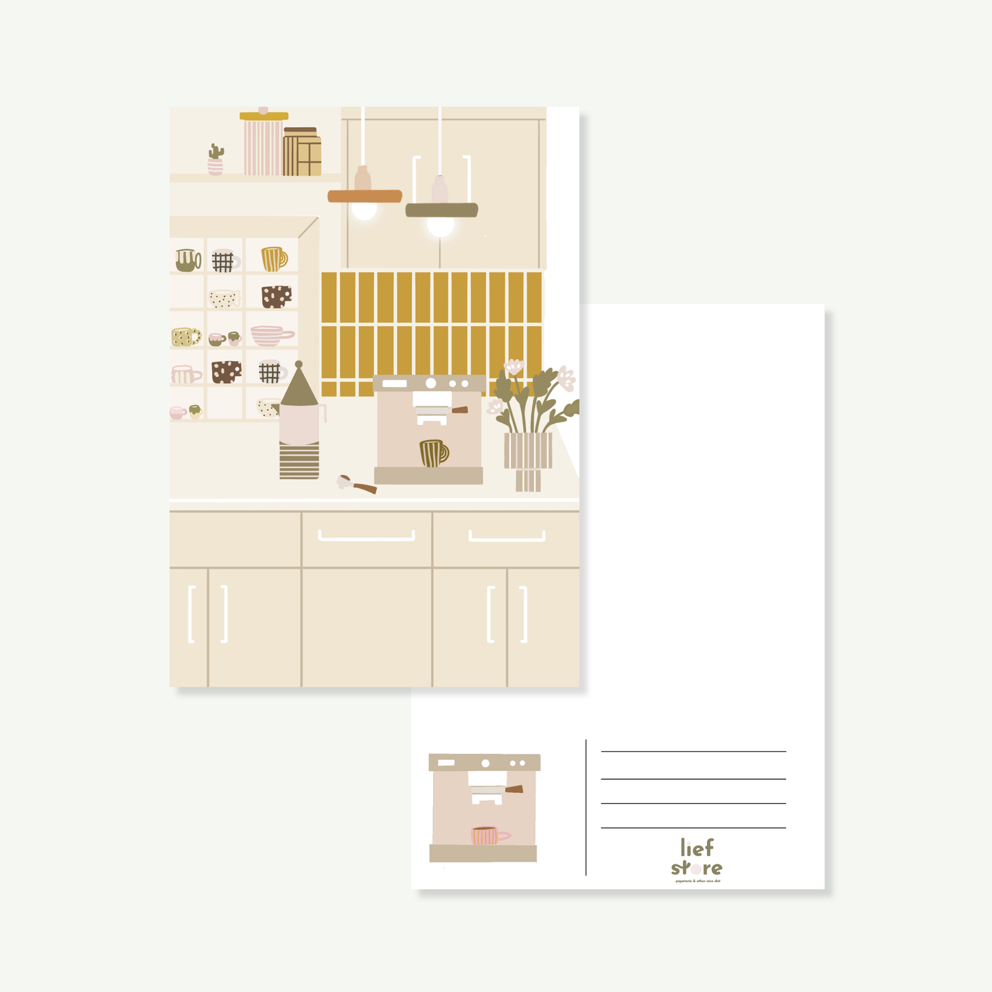 Postkarte mit Küchenmotiv, Tassenregal und Kaffemaschine