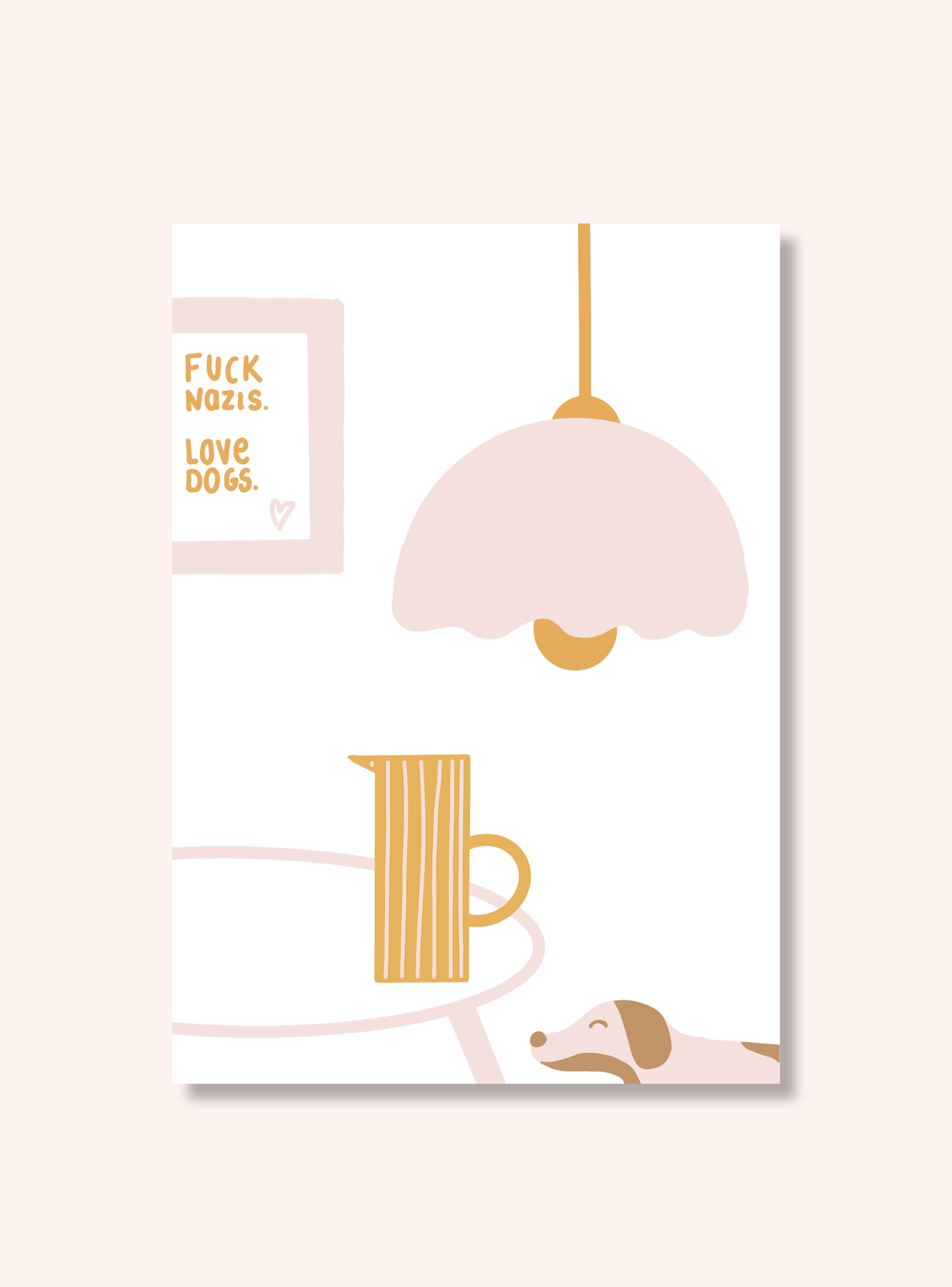 Wohnzimmer-Illustration mit Dackel und Schriftzug „Fuck Nazis, Love Dogs“ in Rosa-Orange als Vinylsticker von the lief store