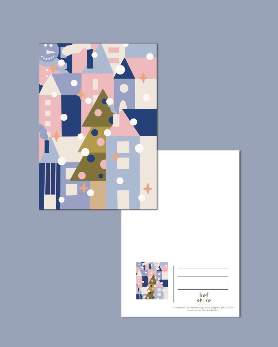 Vorder- und Rückseite von Weihnachtspostkarte mit bunten Motiven, wei Häusern, Schneemann und Tannenbaum.