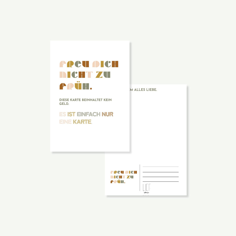 Postkarte ‚Freu dich nicht zu früh‘ – Humorvolle Typografiekarte, Vorderseite und Rückseite fotografiert