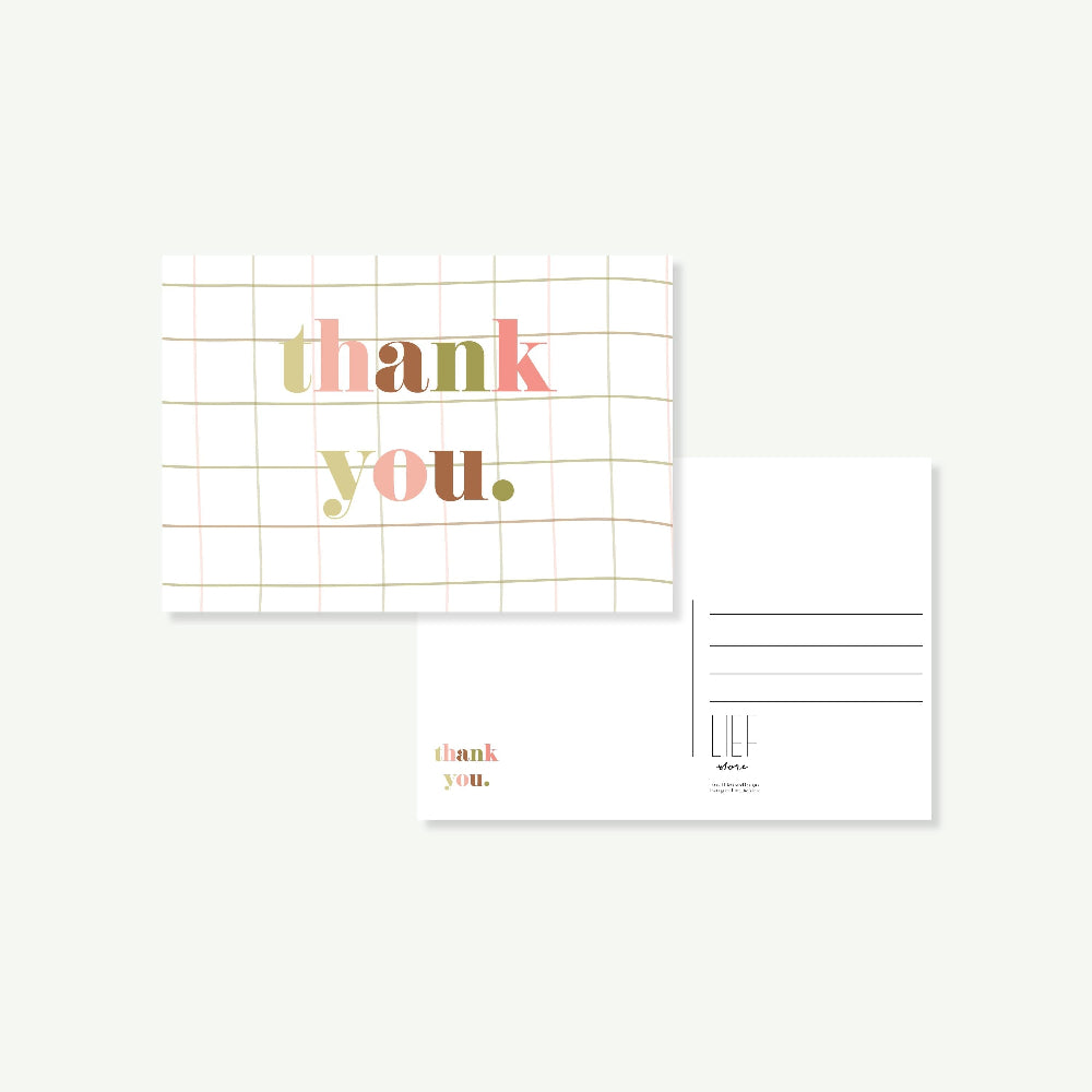Moderne Dankeskarte mit knalliger, großer Aufschrift. Rückseite mit Platz für Postanschrift.