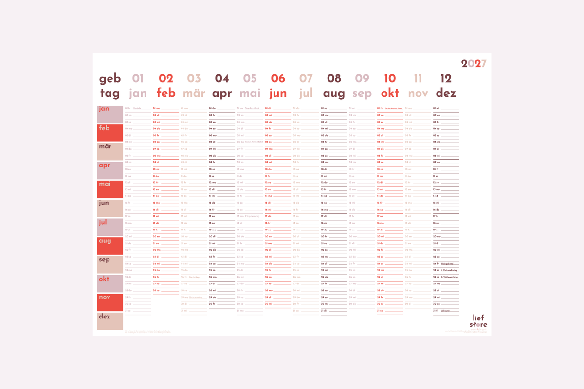 Jahreskalender für 2027 in knalligen Trendfarben auf einem hellrosa Hintergrund angebildet