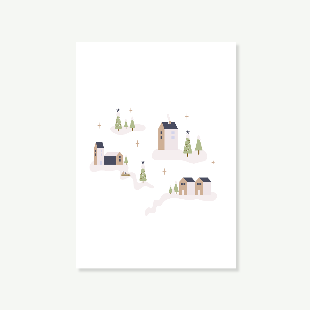 Handgezeichneter Kunstprint mit minimalistischen Weihnachtsdorf-Häusern auf hochwertigem Papier für festliche Dekoration, ohne Rahmen fotografiert