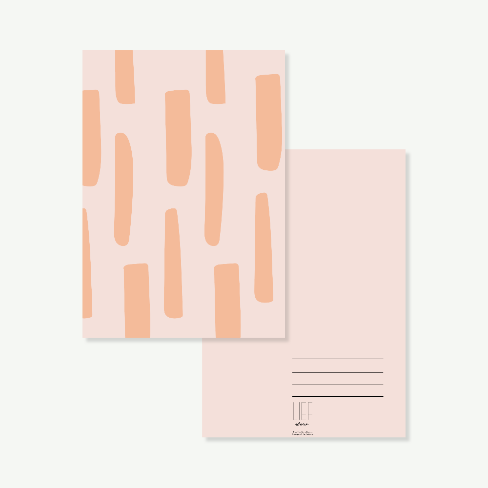 Minimalistische karten mit Streifen in hellrosa und orange. Rückseite in rosa und Linien für Postanschrift.