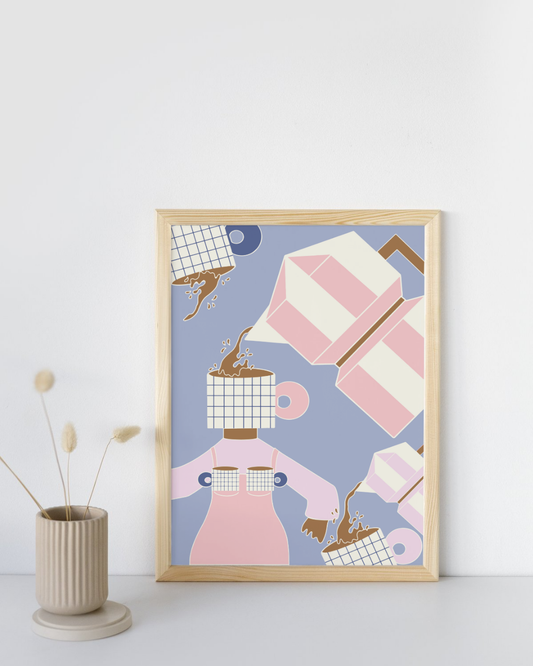 DIN A4 Poster zum Thema Kaffee in den Trendfarben rosa, lila und blau. Tassen und Kaffeemaschinen Motive mit abstrakter Frau. 