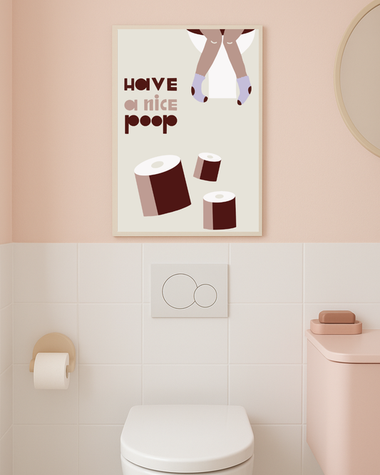 Badezimmerposter über Toilette in sanften Pastelltönen. 