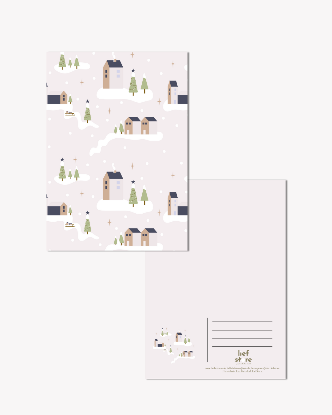 Vorder- und Rückseite von Postkarte mit Weihnachtsdorfmotiv