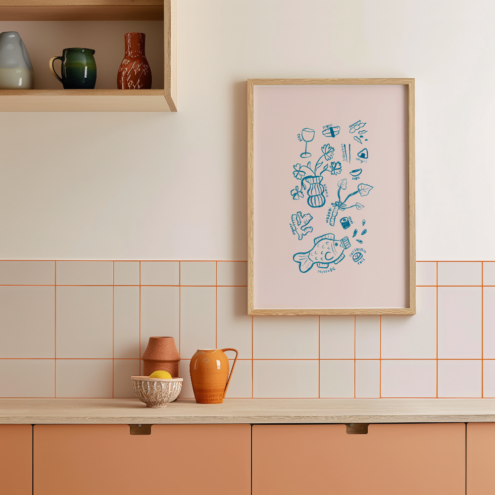 Handgezeichnetes Sushi-Poster im modernen Design mit frechem Spruch für Sushi-Liebhaber, im Rahmen an der Wand hängend fotografiert