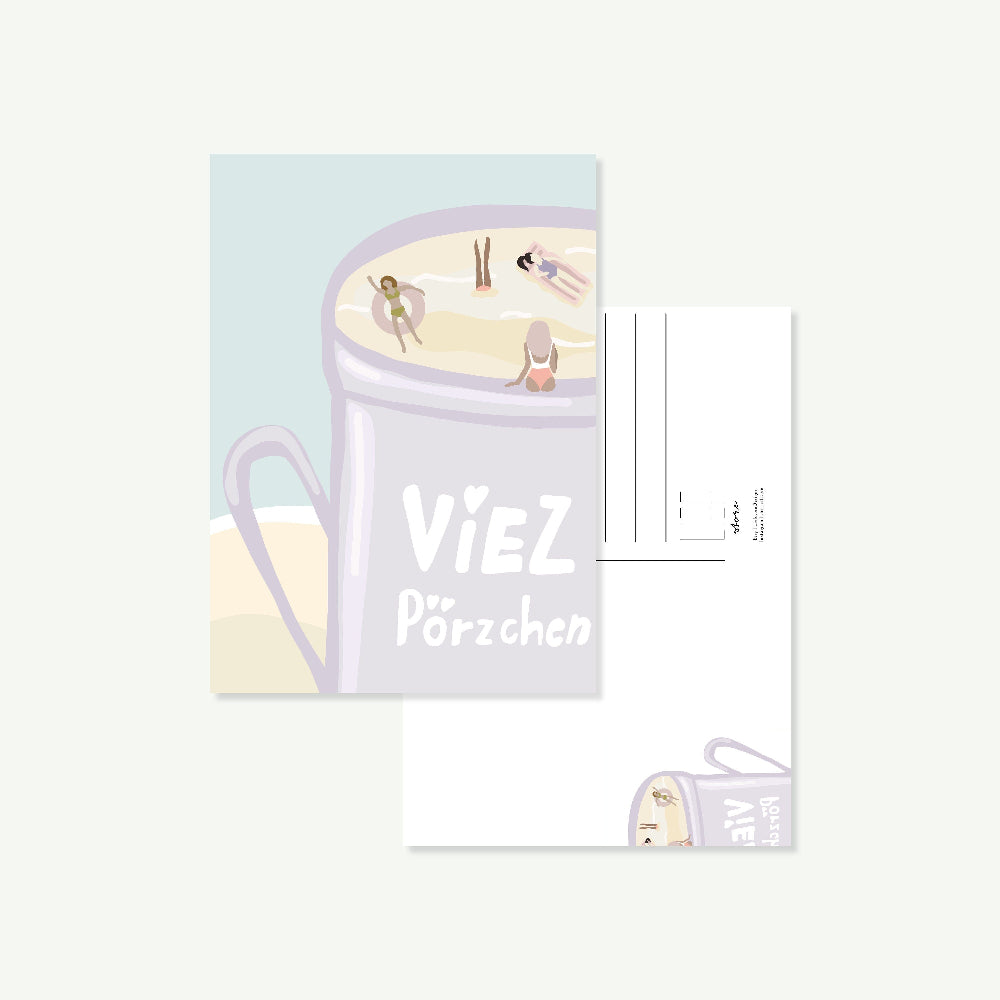 Postkarte ‚Viezpörzchen‘ – Humorvolle Trier-Souvenirkarte mit Viezkrug als Swimming Pool, Vorderseite und Rückseite 